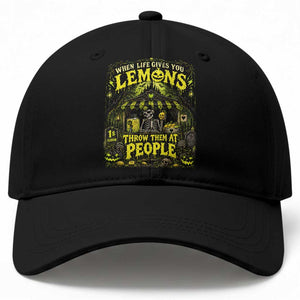 When Life Gives You Lemons Throw Them At People Baseball Cap Funny Skeleton Halloween Gothic Lemonade Graphic