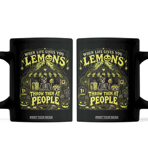 When Life Gives You Lemons Throw Them At People Coffee Mug Funny Skeleton Halloween Gothic Lemonade Graphic