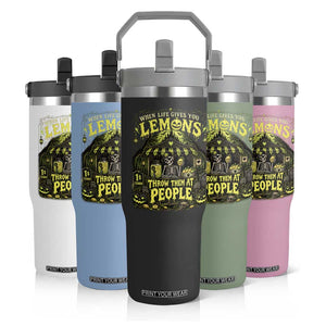 When Life Gives You Lemons Throw Them At People Flip Straw Tumbler Funny Skeleton Halloween Gothic Lemonade Graphic