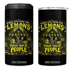 When Life Gives You Lemons Throw Them At People 4 in 1 Can Cooler Tumbler Funny Skeleton Halloween Gothic Lemonade Graphic