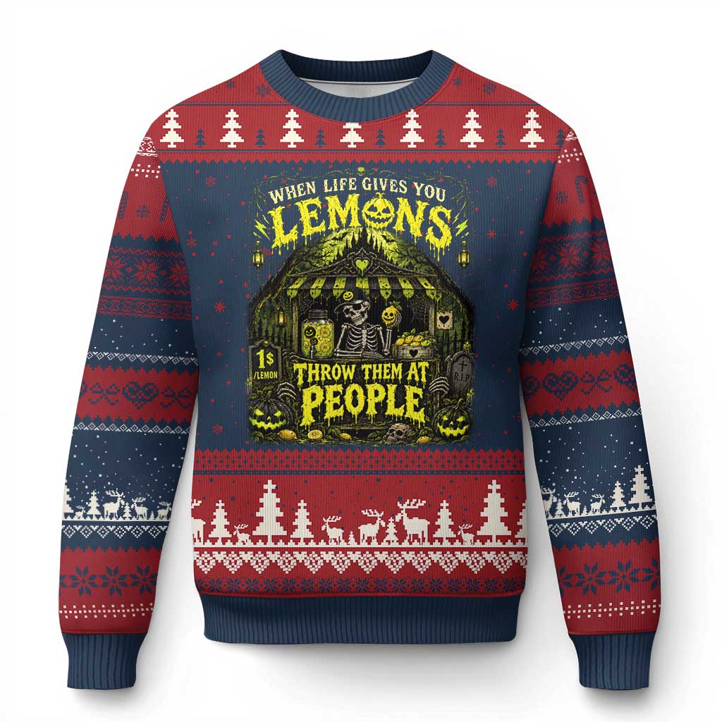 When Life Gives You Lemons Throw Them At People Ugly Christmas Sweater Funny Skeleton Halloween Gothic Lemonade Graphic TS10 Navy Red Print Your Wear