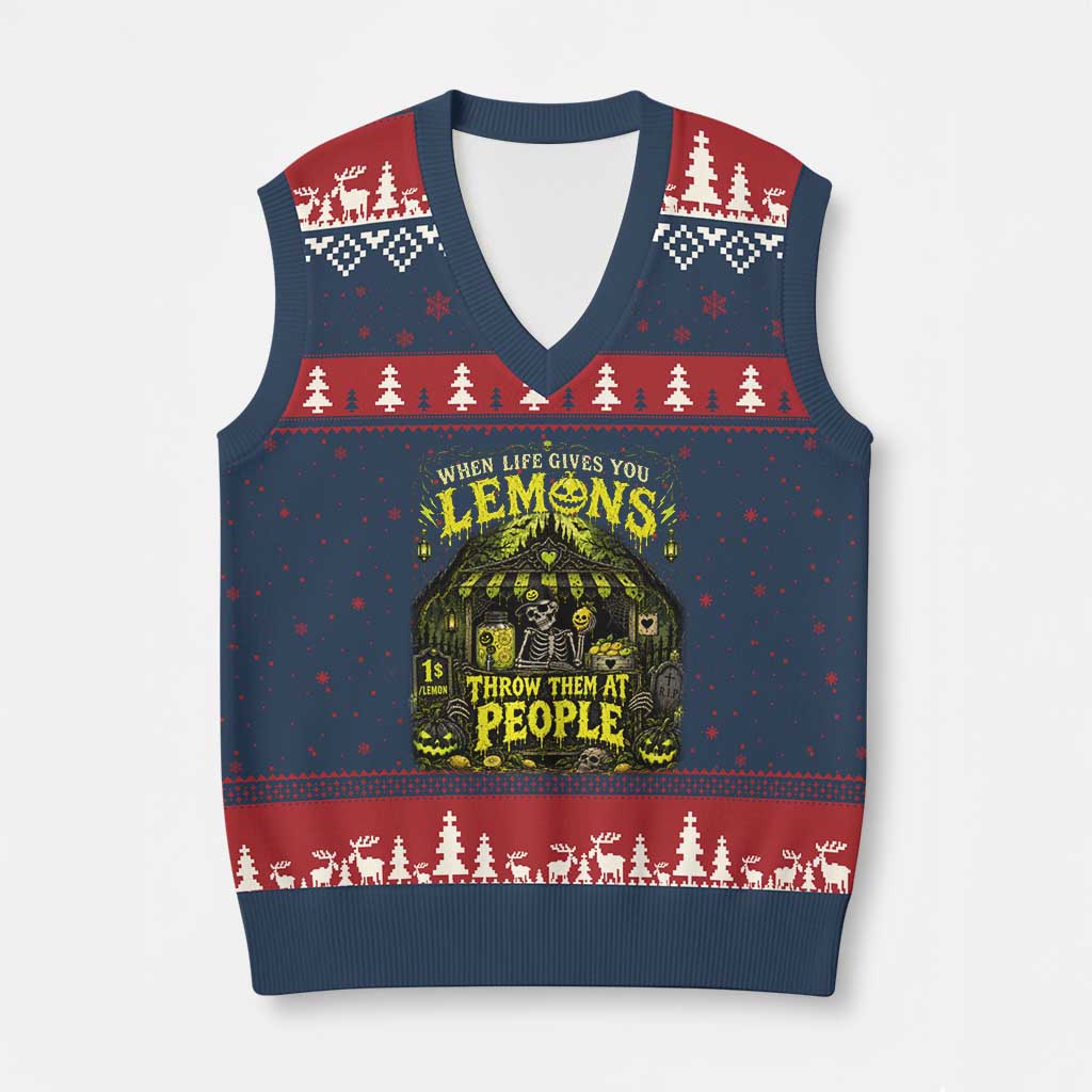 When Life Gives You Lemons Throw Them At People V-Neck Knit Sweater Vest Funny Skeleton Halloween Gothic Lemonade Graphic