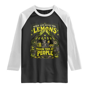 When Life Gives You Lemons Throw Them At People Raglan Shirt Funny Skeleton Halloween Gothic Lemonade Graphic