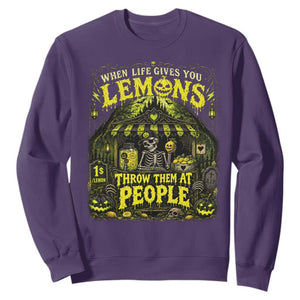 When Life Gives You Lemons Throw Them At People Sweatshirt Funny Skeleton Halloween Gothic Lemonade Graphic