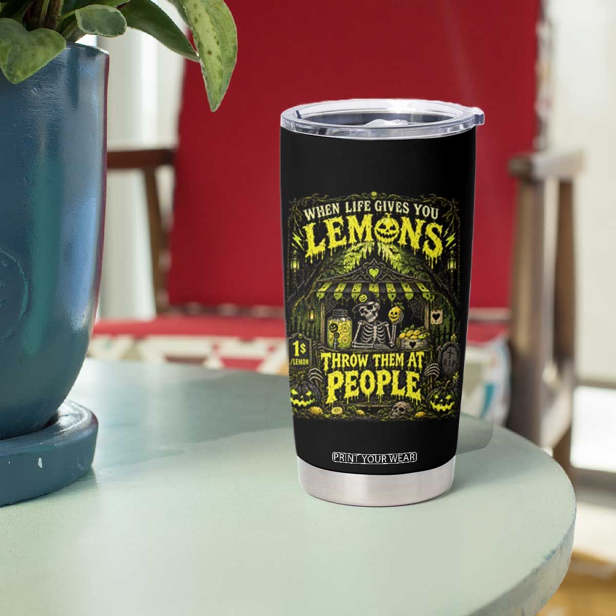 When Life Gives You Lemons Throw Them At People Tumbler Cup Funny Skeleton Halloween Gothic Lemonade Graphic