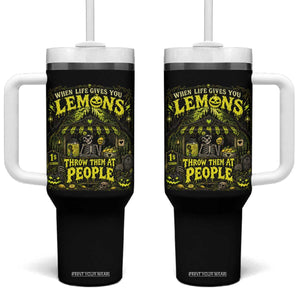 When Life Gives You Lemons Throw Them At People Tumbler With Handle Funny Skeleton Halloween Gothic Lemonade Graphic