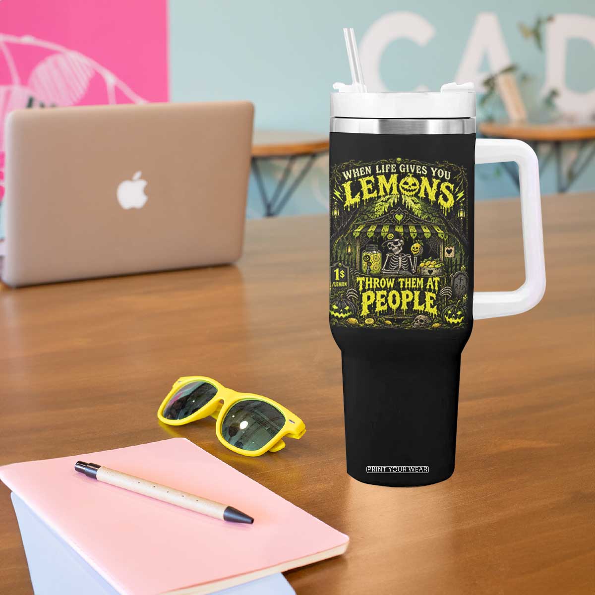 When Life Gives You Lemons Throw Them At People Tumbler With Handle Funny Skeleton Halloween Gothic Lemonade Graphic