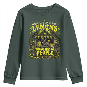 When Life Gives You Lemons Throw Them At People Youth Sweatshirt Funny Skeleton Halloween Gothic Lemonade Graphic