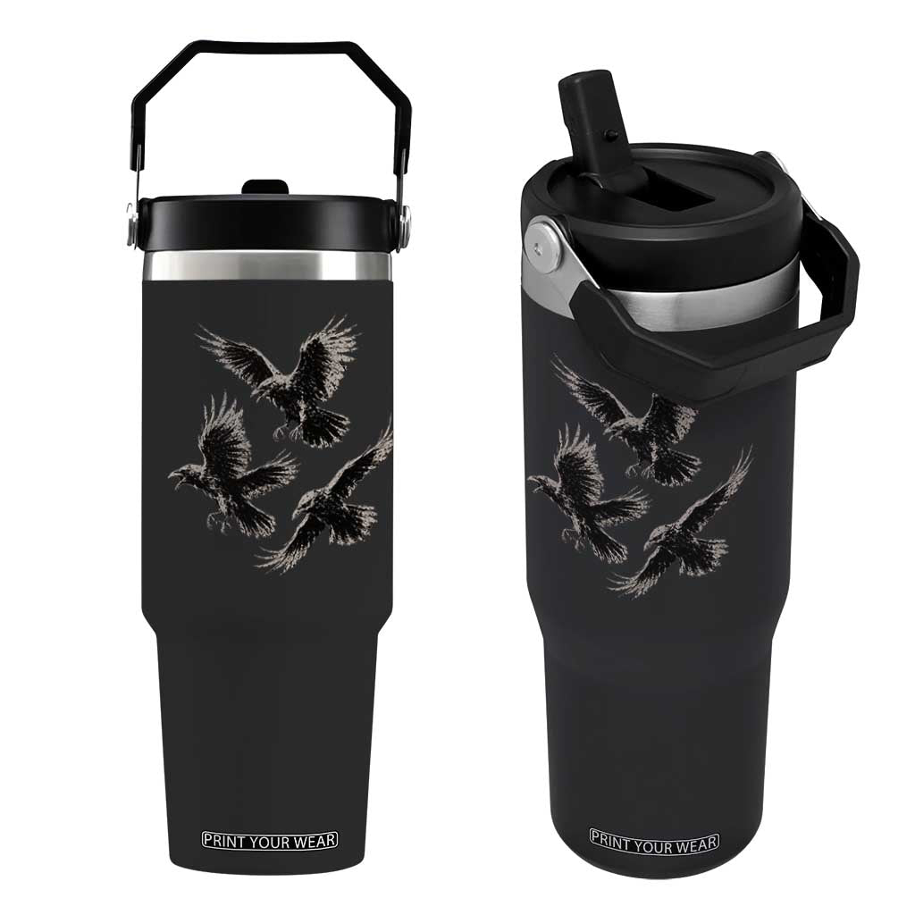 Flying Raven Crow Flip Straw Tumbler Vintage Dark Academia Gothic Black Bird Graphic