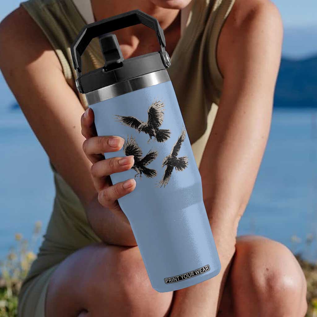Flying Raven Crow Flip Straw Tumbler Vintage Dark Academia Gothic Black Bird Graphic