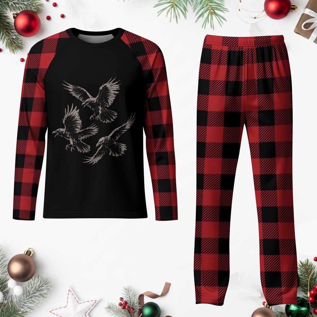 Flying Raven Crow Plaid Pajama Set Vintage Dark Academia Gothic Black Bird Graphic
