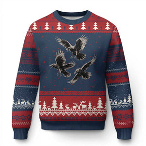Flying Raven Crow Ugly Christmas Sweater Vintage Dark Academia Gothic Black Bird Graphic