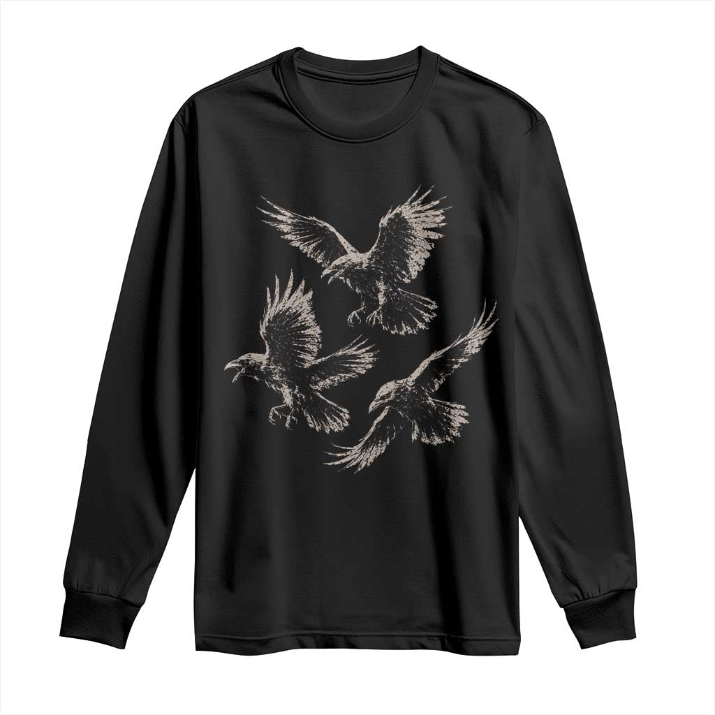 Flying Raven Crow Long Sleeve Shirt Vintage Dark Academia Gothic Black Bird Graphic
