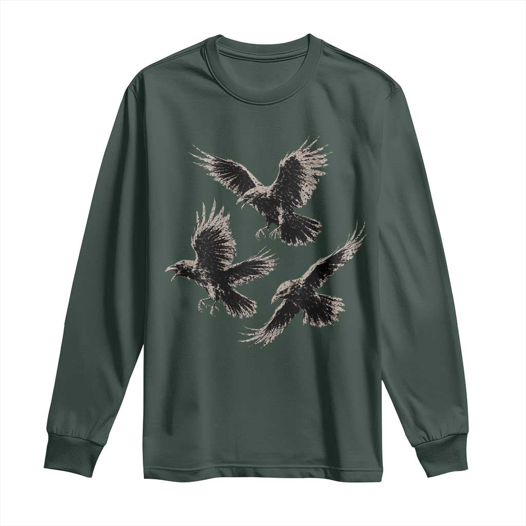 Flying Raven Crow Long Sleeve Shirt Vintage Dark Academia Gothic Black Bird Graphic