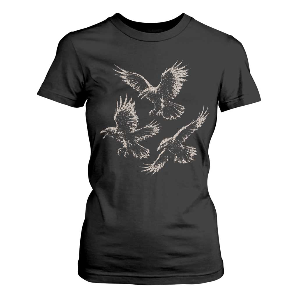 Flying Raven Crow T Shirt For Women Vintage Dark Academia Gothic Black Bird Graphic