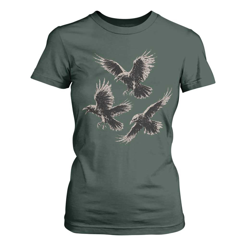 Flying Raven Crow T Shirt For Women Vintage Dark Academia Gothic Black Bird Graphic