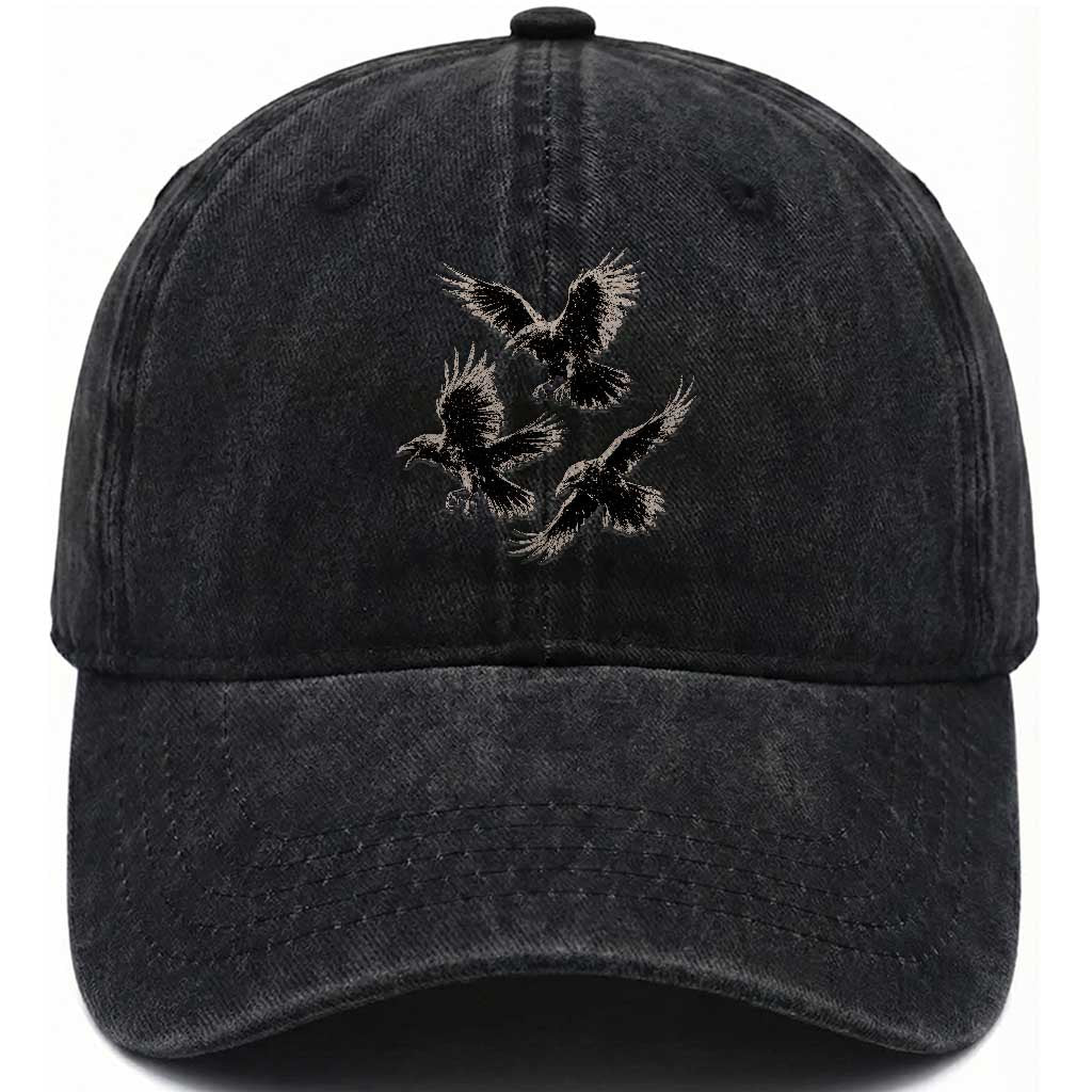 Flying Raven Crow Washed Cotton Baseball Cap Vintage Dark Academia Gothic Black Bird Graphic