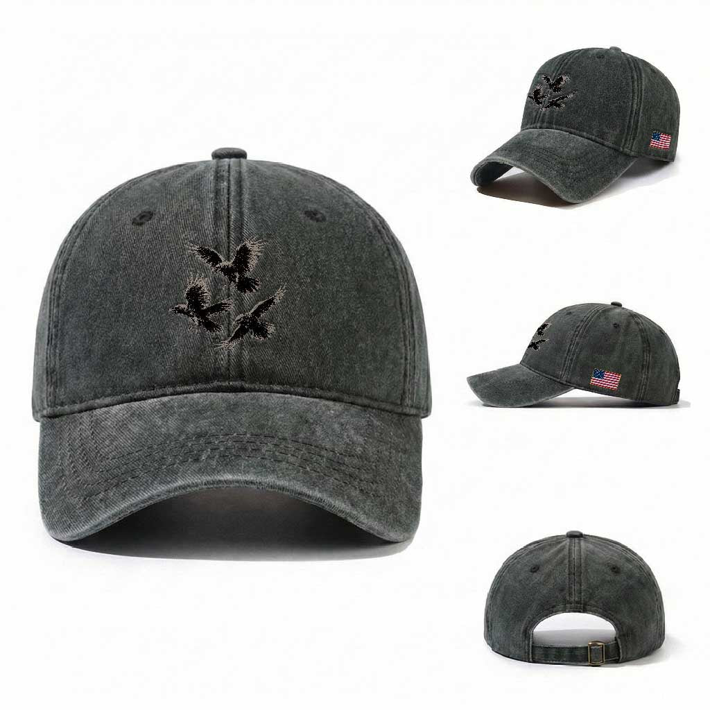Flying Raven Crow Washed Cotton Baseball Cap Vintage Dark Academia Gothic Black Bird Graphic