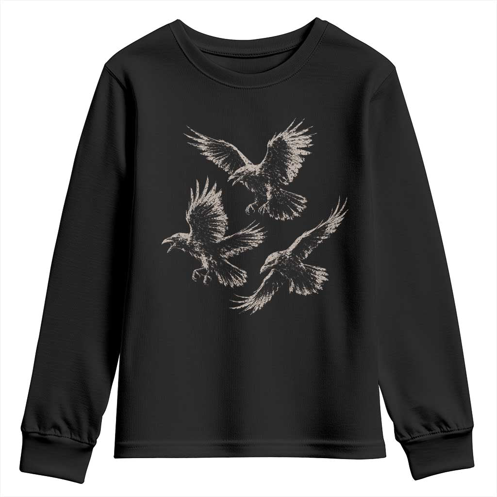 Flying Raven Crow Youth Sweatshirt Vintage Dark Academia Gothic Black Bird Graphic