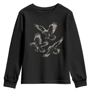 Flying Raven Crow Youth Sweatshirt Vintage Dark Academia Gothic Black Bird Graphic