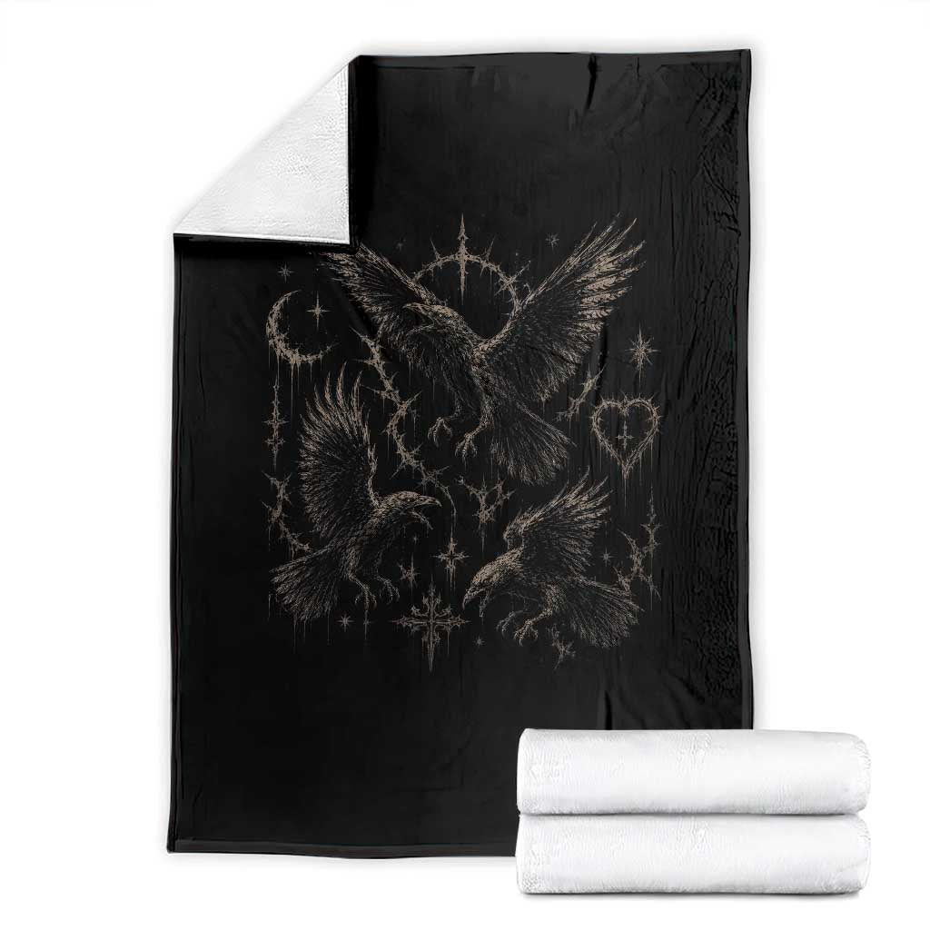 Flying Raven Crow Throw Blanket Black Bird Gothic Occult Cyber Y2K Dark Academia Ravens Graphic TS10 Black Print Your Wear
