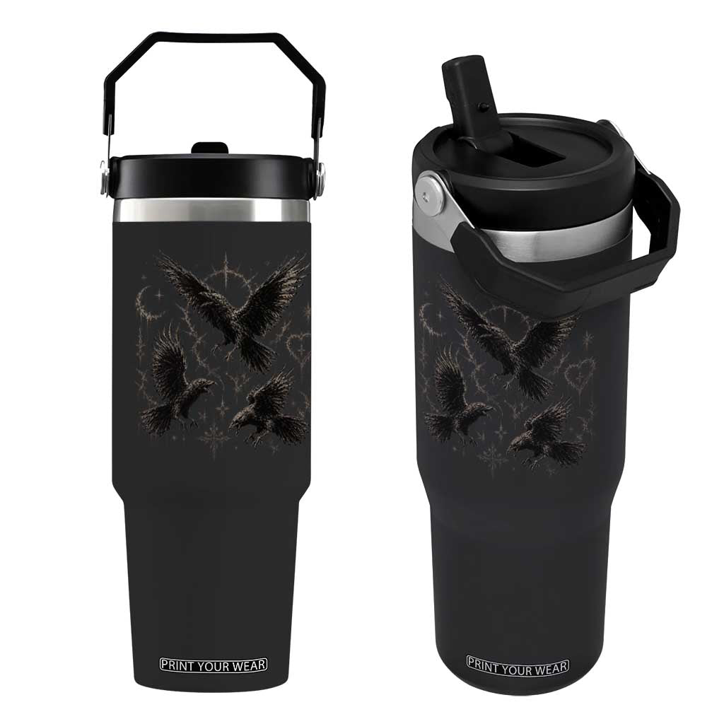 Flying Raven Crow Flip Straw Tumbler Black Bird Gothic Occult Cyber Y2K Dark Academia Ravens Graphic
