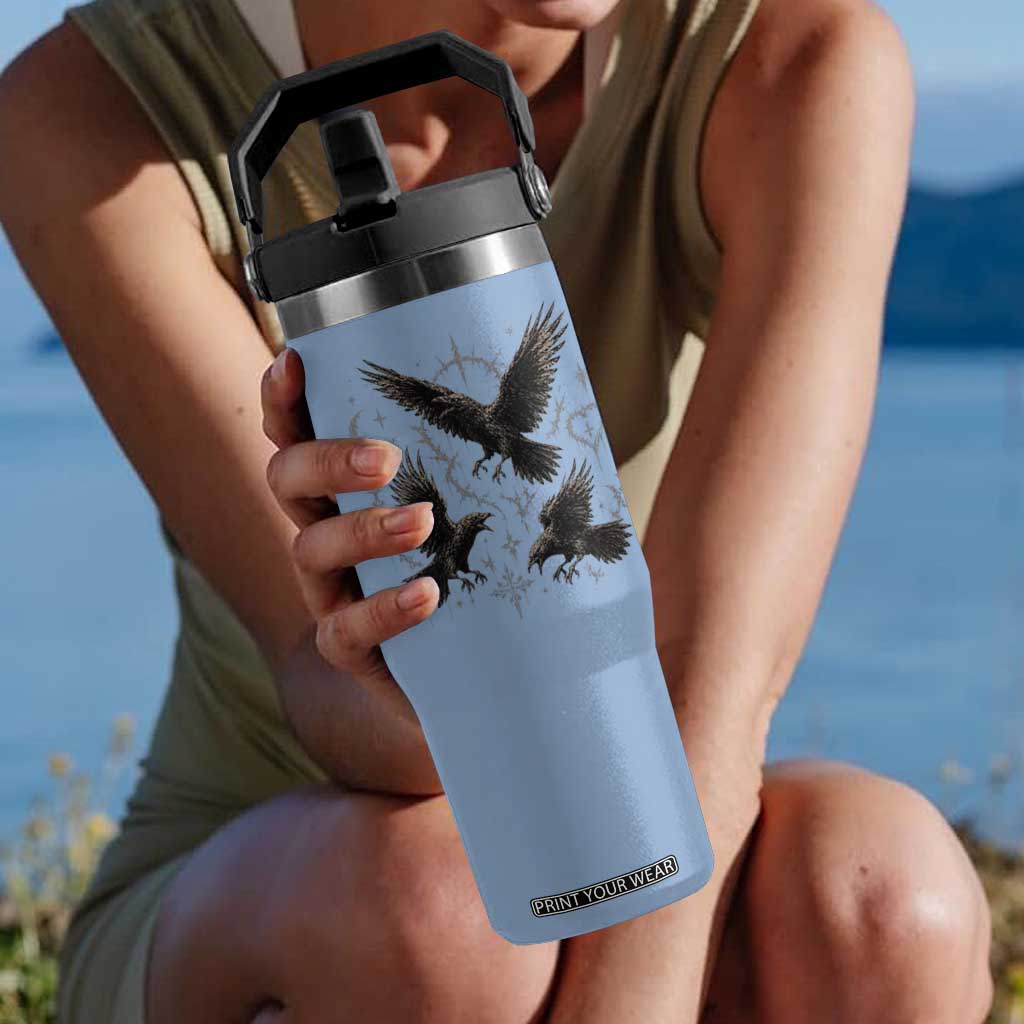 Flying Raven Crow Flip Straw Tumbler Black Bird Gothic Occult Cyber Y2K Dark Academia Ravens Graphic