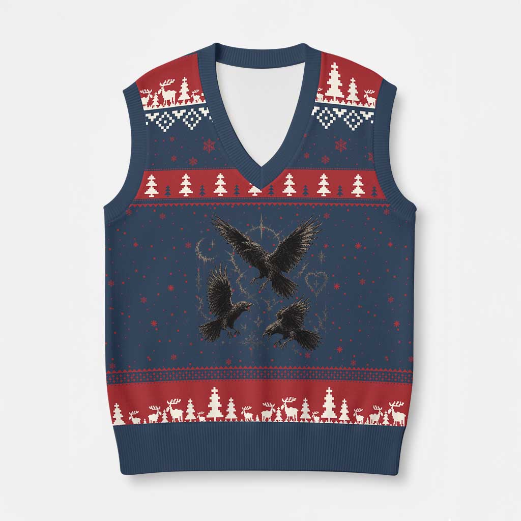 Flying Raven Crow V-Neck Knit Sweater Vest Black Bird Gothic Occult Cyber Y2K Dark Academia Ravens Graphic