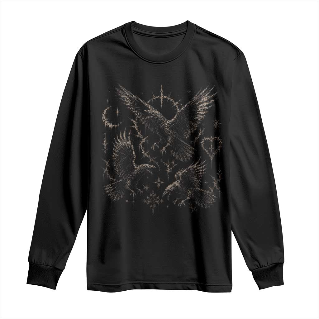 Flying Raven Crow Long Sleeve Shirt Black Bird Gothic Occult Cyber Y2K Dark Academia Ravens Graphic