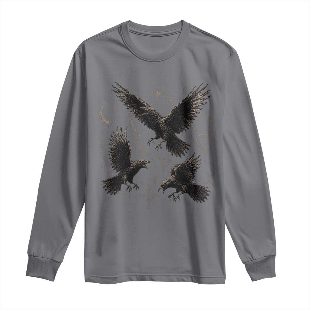 Flying Raven Crow Long Sleeve Shirt Black Bird Gothic Occult Cyber Y2K Dark Academia Ravens Graphic
