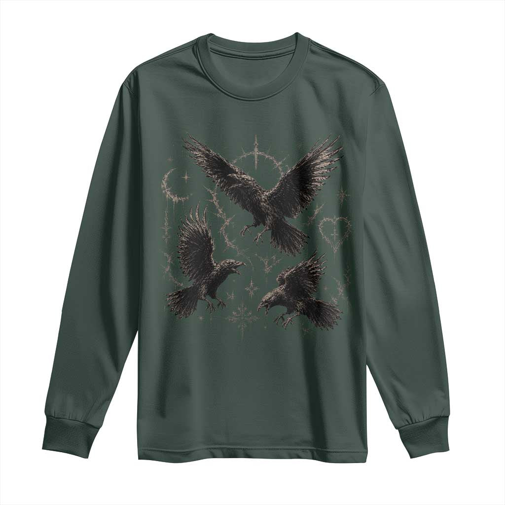 Flying Raven Crow Long Sleeve Shirt Black Bird Gothic Occult Cyber Y2K Dark Academia Ravens Graphic