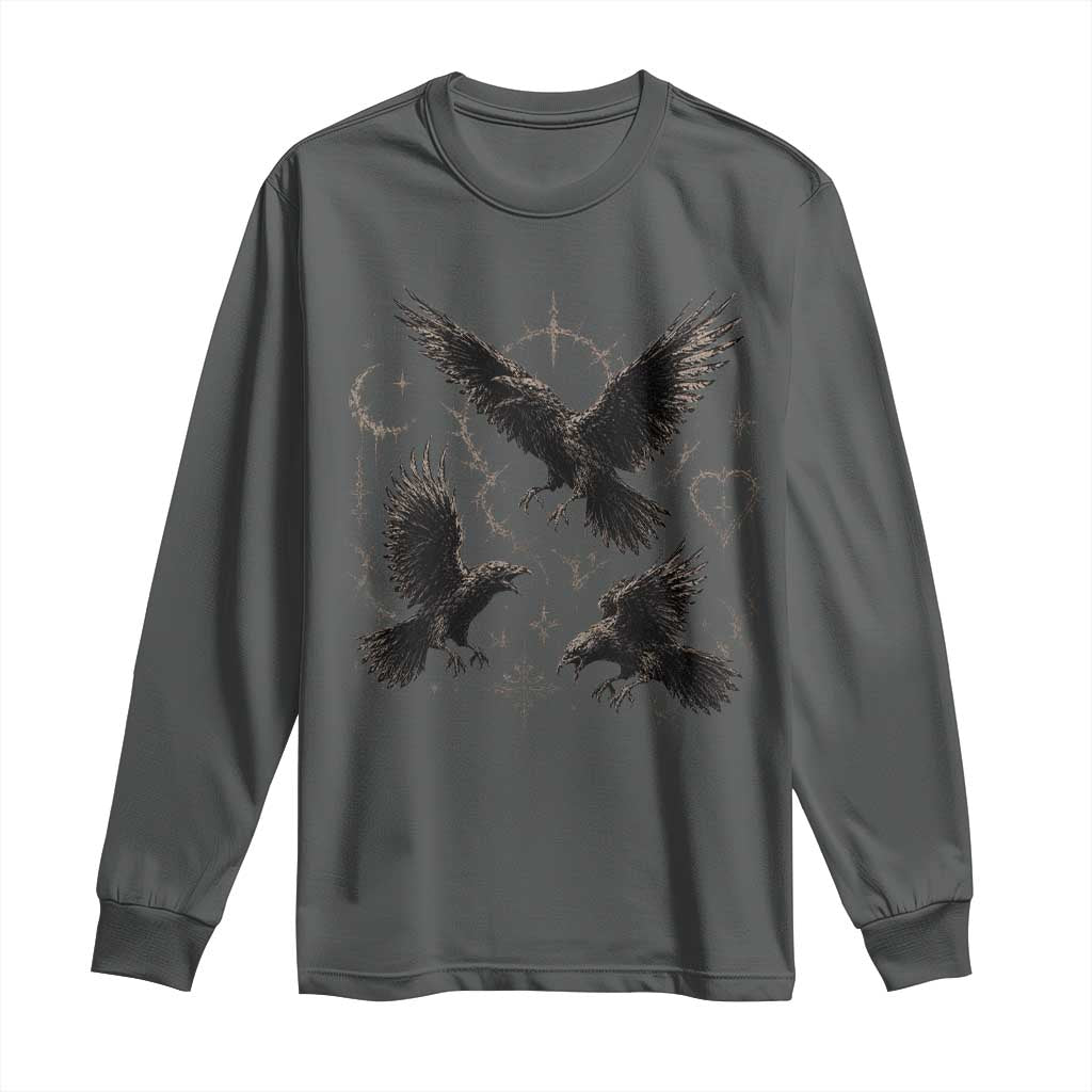 Flying Raven Crow Long Sleeve Shirt Black Bird Gothic Occult Cyber Y2K Dark Academia Ravens Graphic