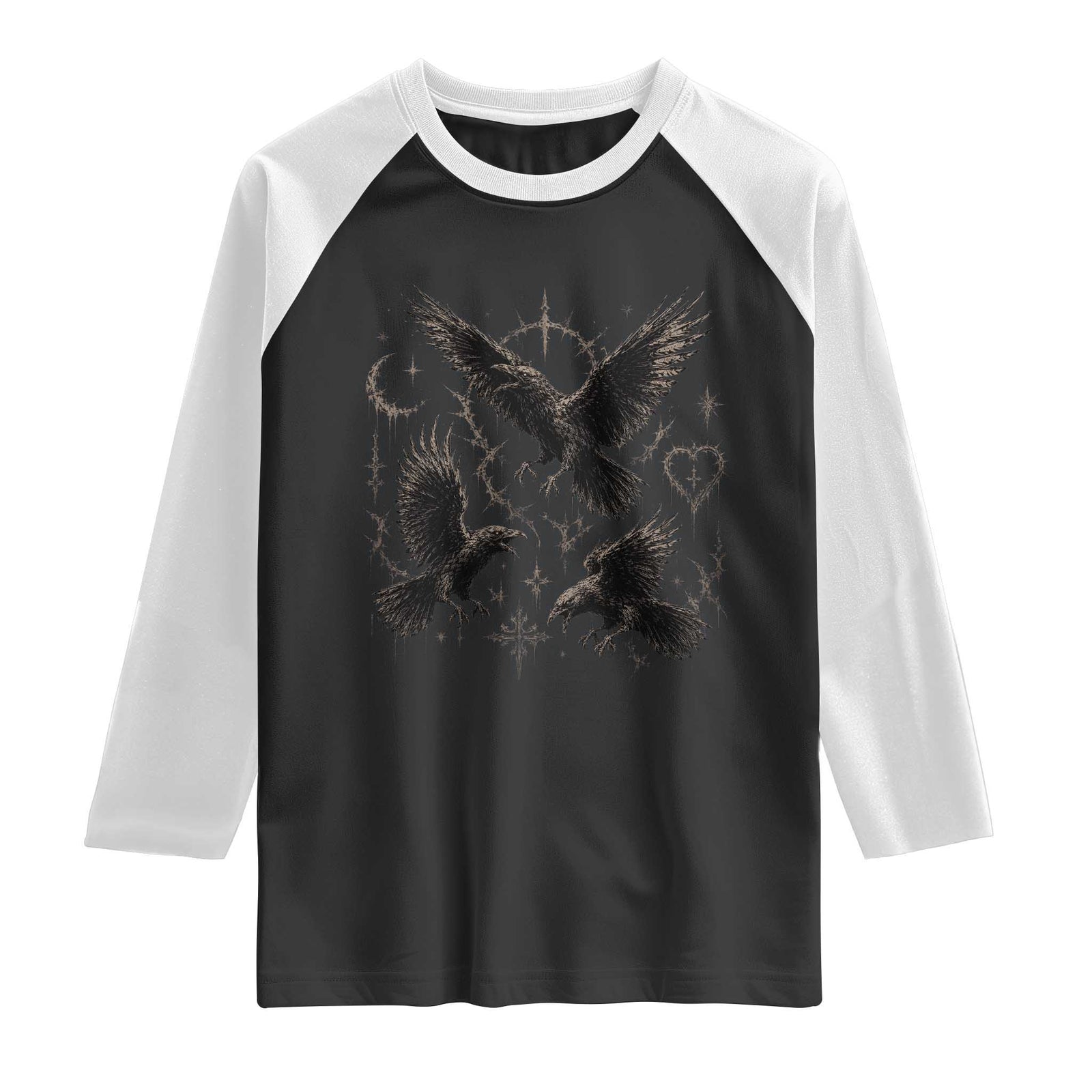 Flying Raven Crow Raglan Shirt Black Bird Gothic Occult Cyber Y2K Dark Academia Ravens Graphic TS10 Black White Print Your Wear