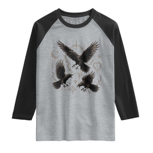 Flying Raven Crow Raglan Shirt Black Bird Gothic Occult Cyber Y2K Dark Academia Ravens Graphic