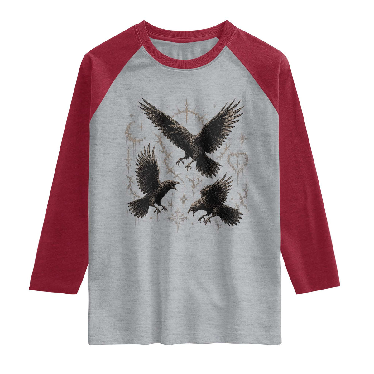 Flying Raven Crow Raglan Shirt Black Bird Gothic Occult Cyber Y2K Dark Academia Ravens Graphic