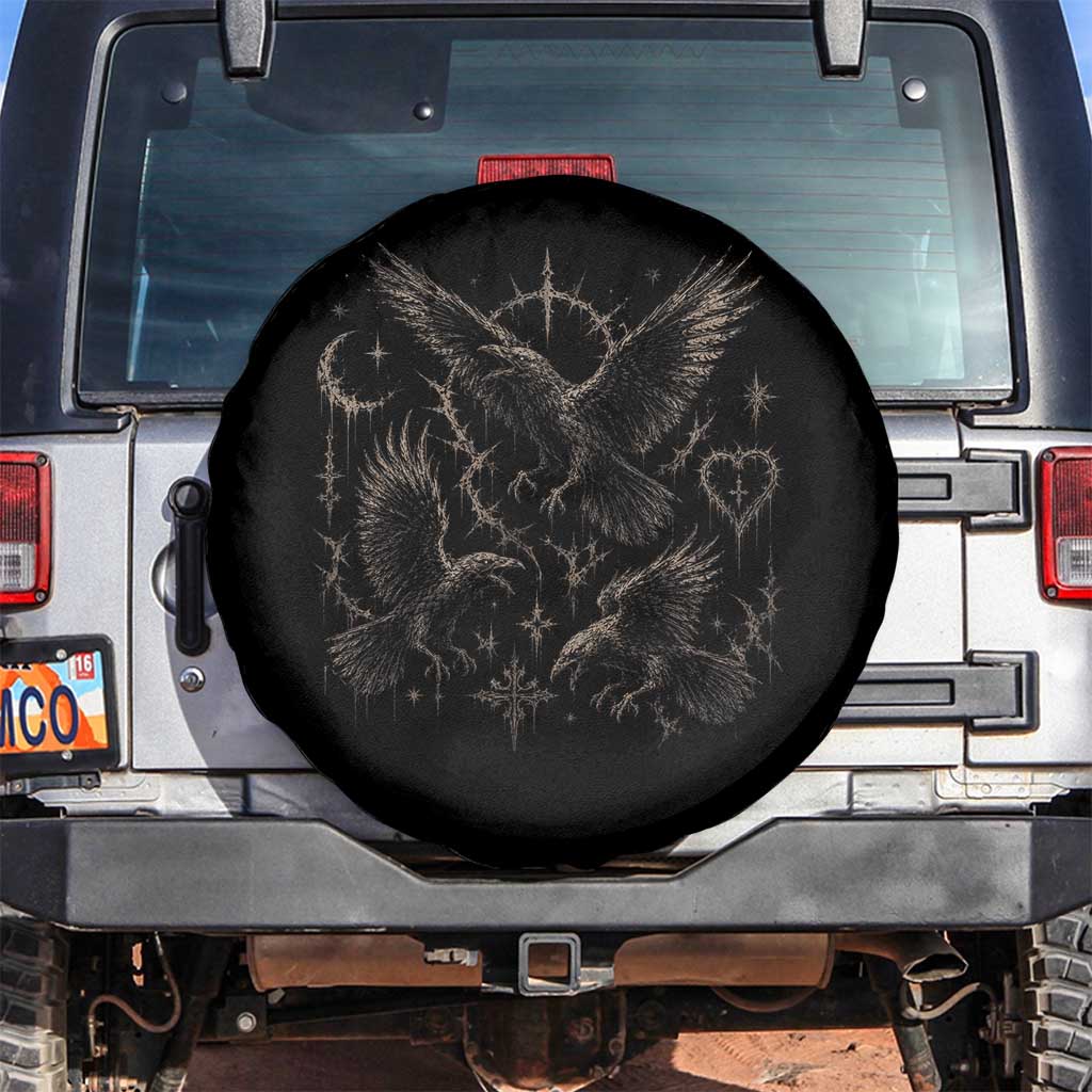 Flying Raven Crow Spare Tire Cover Black Bird Gothic Occult Cyber Y2K Dark Academia Ravens Graphic TS10 No hole Black Print Your Wear