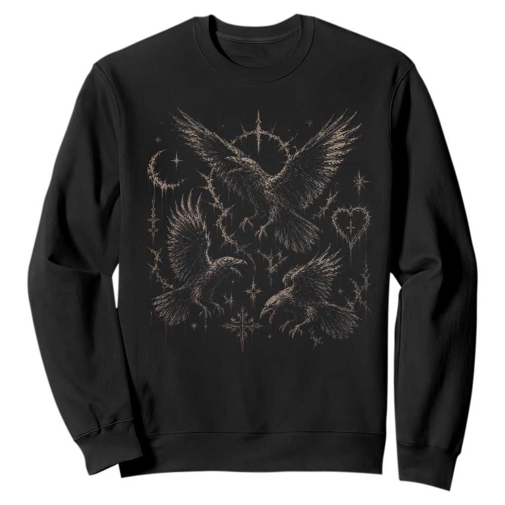 Flying Raven Crow Sweatshirt Black Bird Gothic Occult Cyber Y2K Dark Academia Ravens Graphic TS10 Black Print Your Wear