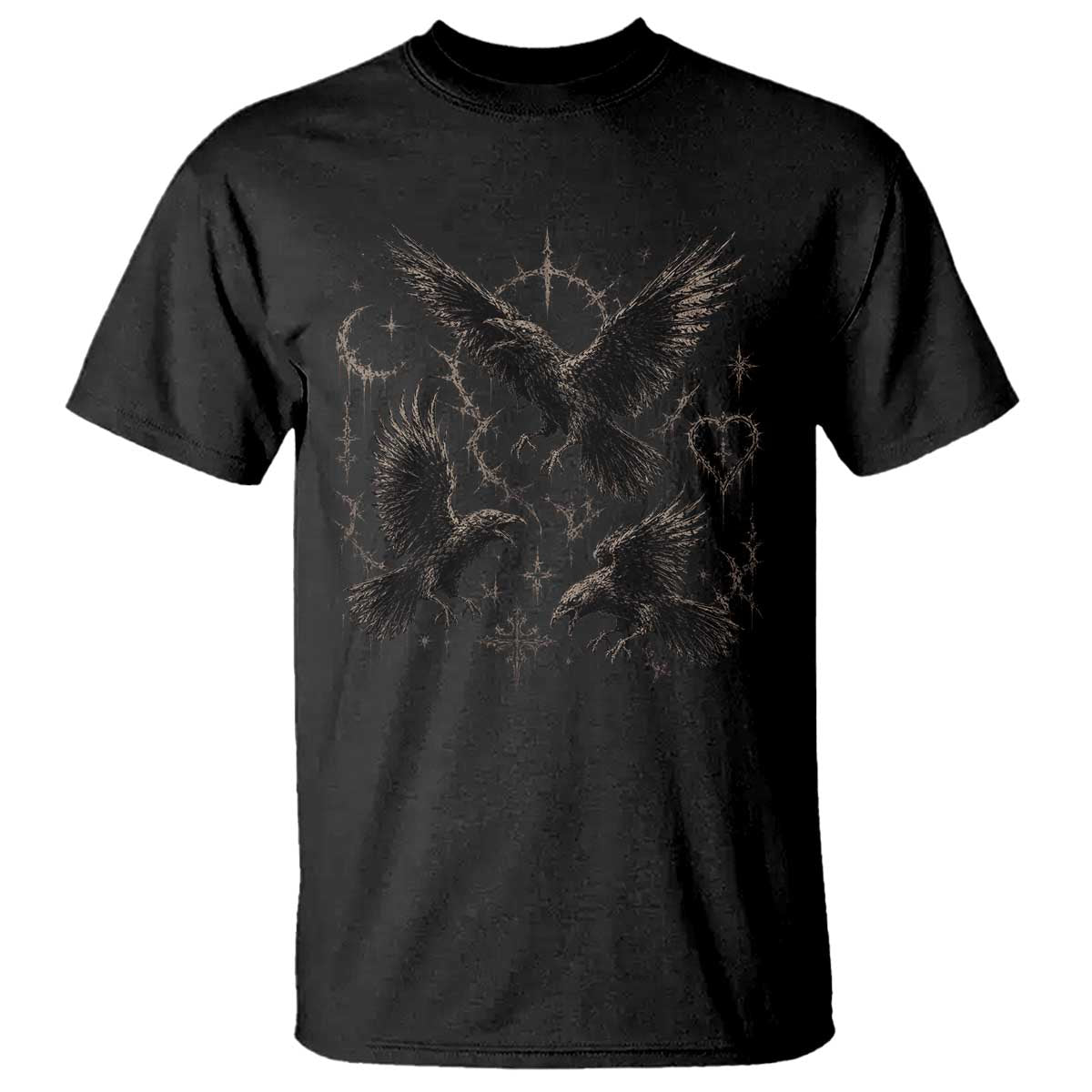 Flying Raven Crow T Shirt Black Bird Gothic Occult Cyber Y2K Dark Academia Ravens Graphic