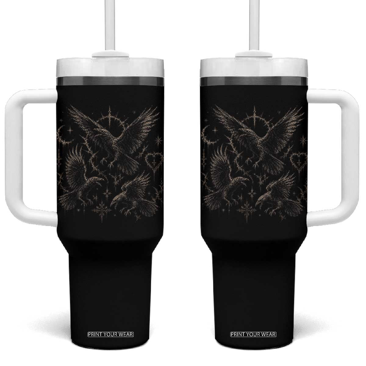 Flying Raven Crow Tumbler With Handle Black Bird Gothic Occult Cyber Y2K Dark Academia Ravens Graphic TS10 One Size: 40 oz Black Print Your Wear