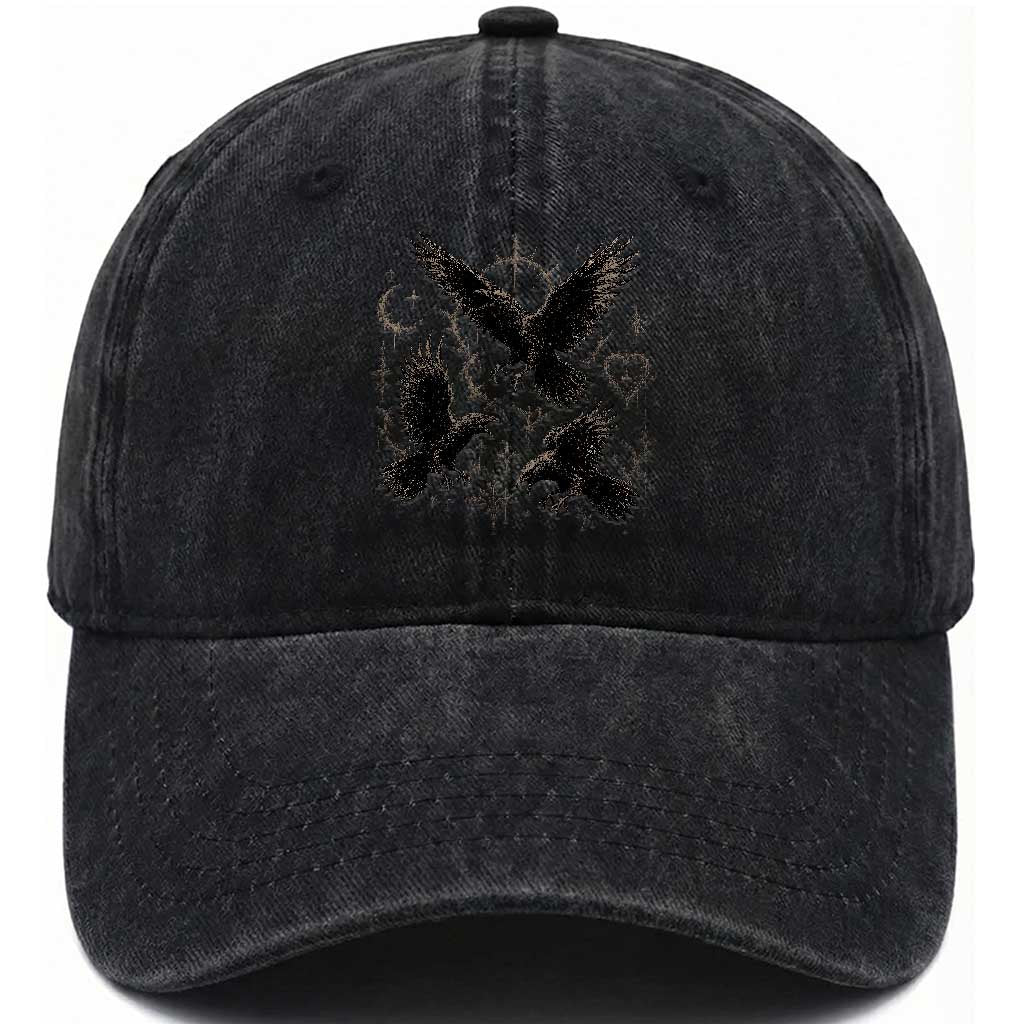 Flying Raven Crow Washed Cotton Baseball Cap Black Bird Gothic Occult Cyber Y2K Dark Academia Ravens Graphic TS10 Print Your Wear