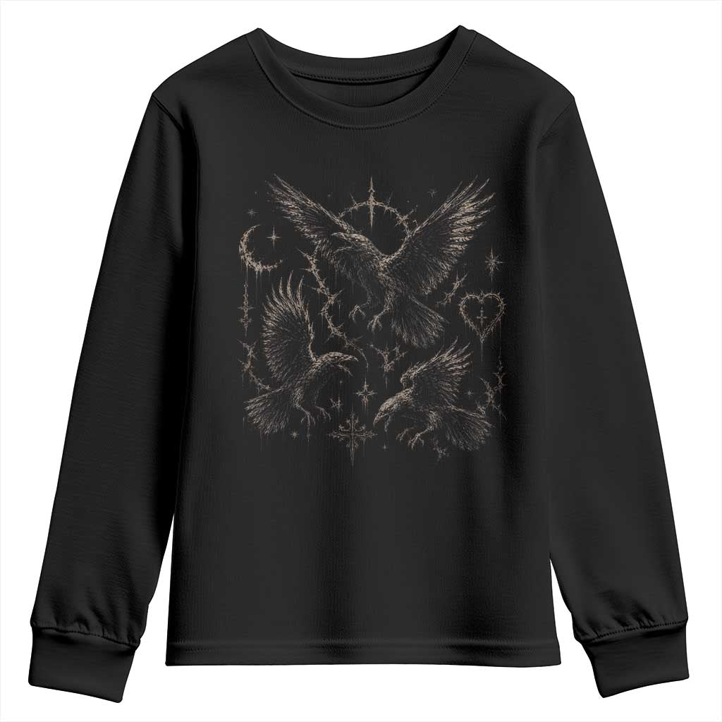 Flying Raven Crow Youth Sweatshirt Black Bird Gothic Occult Cyber Y2K Dark Academia Ravens Graphic TS10 Black Print Your Wear