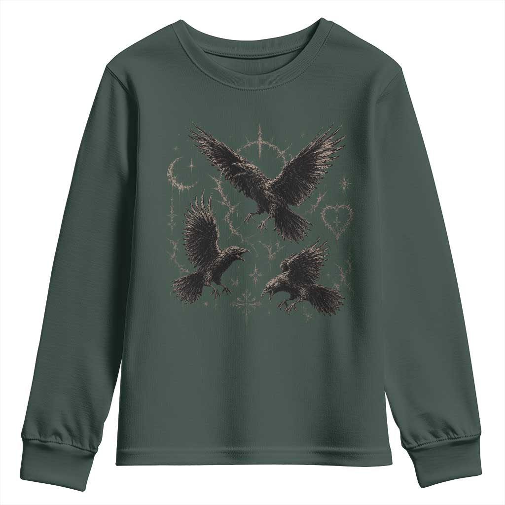 Flying Raven Crow Youth Sweatshirt Black Bird Gothic Occult Cyber Y2K Dark Academia Ravens Graphic