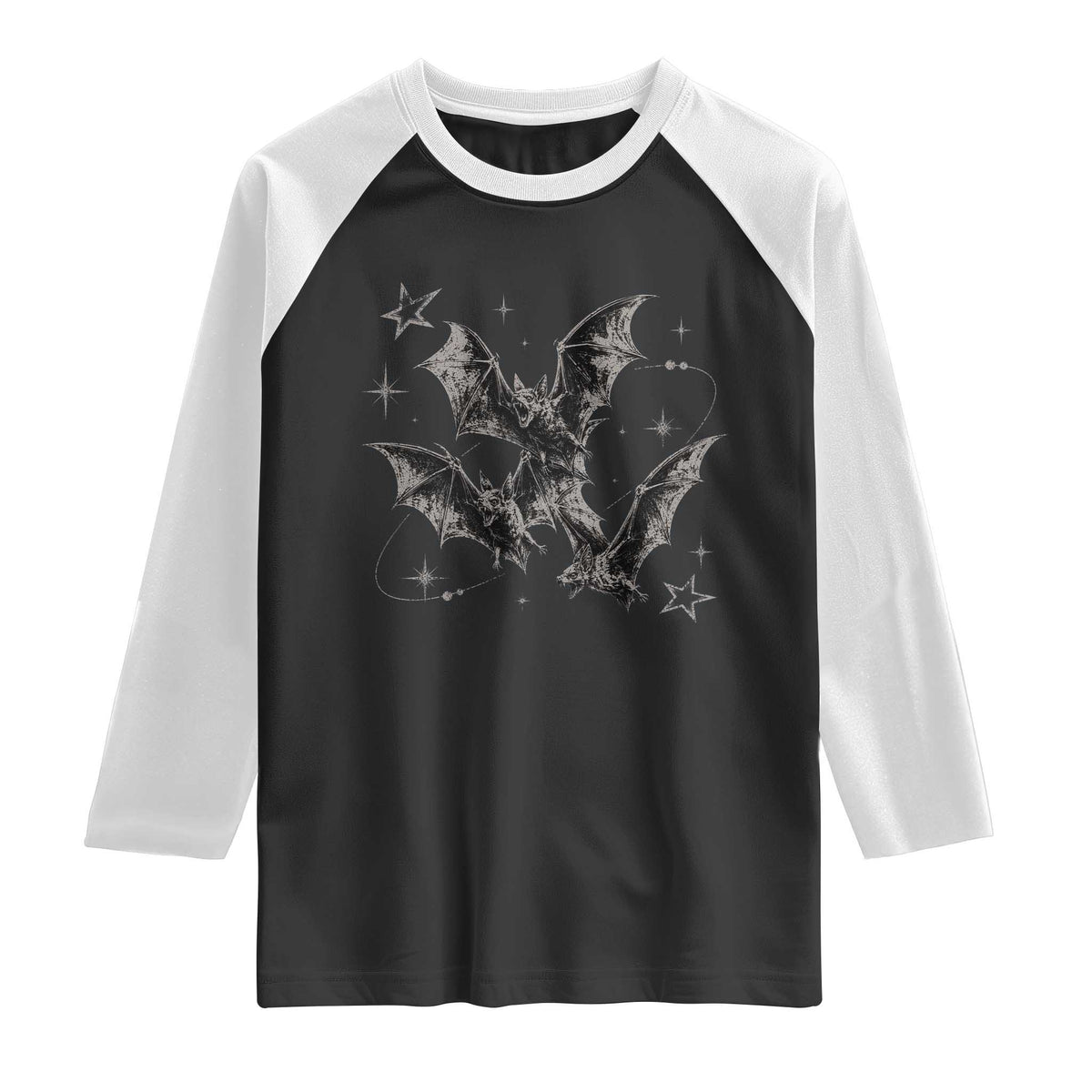 Three Bats Y2k Raglan Shirt Vintage 90s Style Bat Gothic Occult Halloween Bat Graphic