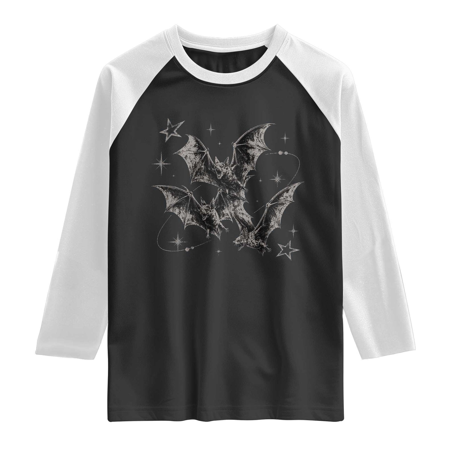 Three Bats Y2k Raglan Shirt Vintage 90s Style Bat Gothic Occult Halloween Bat Graphic TS10 Black White Print Your Wear