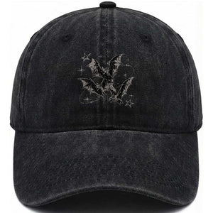 Three Bats Y2k Washed Cotton Baseball Cap Vintage 90s Style Bat Gothic Occult Halloween Bat Graphic