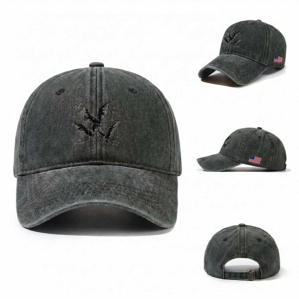 Three Bats Y2k Washed Cotton Baseball Cap Vintage 90s Style Bat Gothic Occult Halloween Bat Graphic