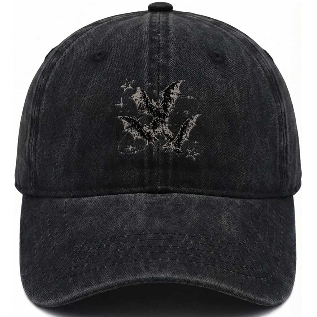 Three Bats Y2k Washed Cotton Baseball Cap Vintage 90s Style Bat Gothic Occult Halloween Bat Graphic TS10 Print Your Wear