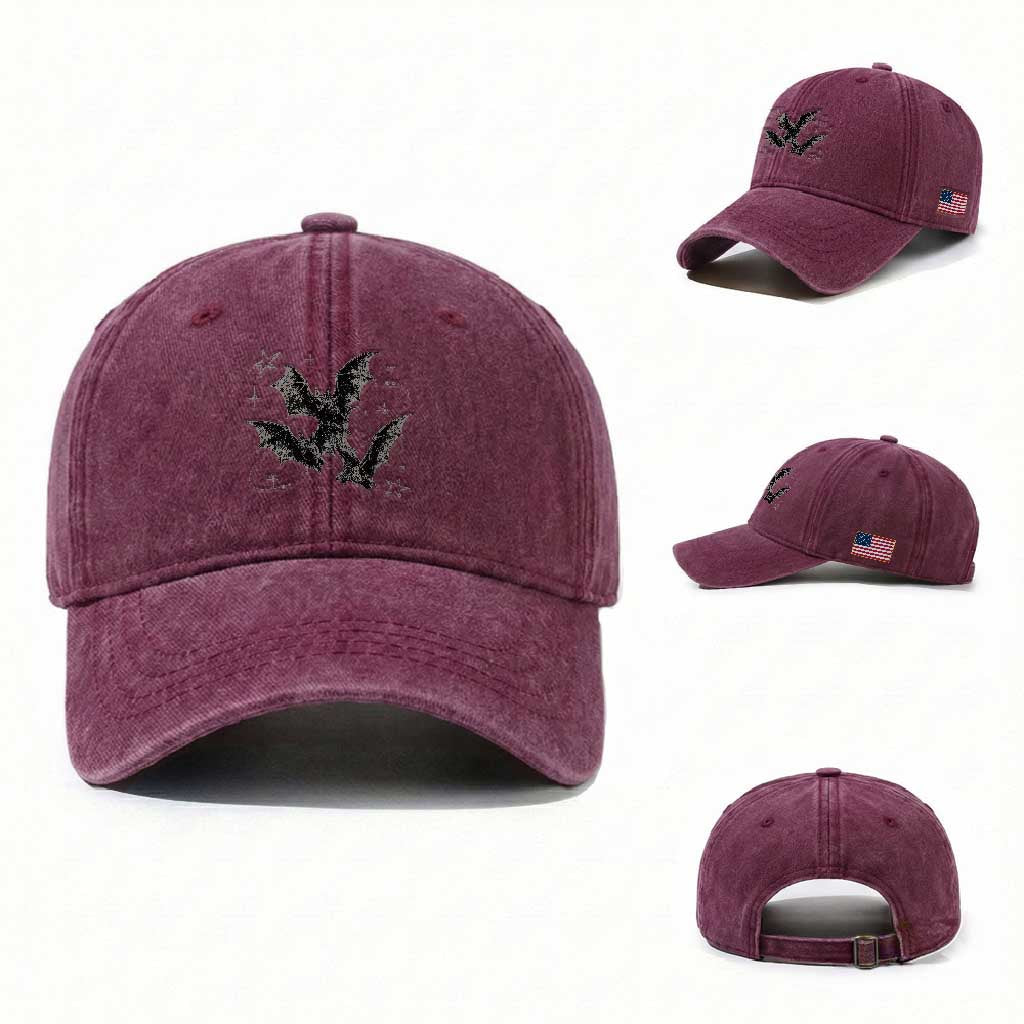 Three Bats Y2k Washed Cotton Baseball Cap Vintage 90s Style Bat Gothic Occult Halloween Bat Graphic