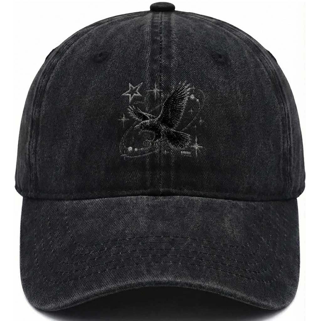 Raven Crow Y2k Washed Cotton Baseball Cap Gothic Cyber Sigilism Occult Dark Academia Black Bird Graphic TS10 Print Your Wear