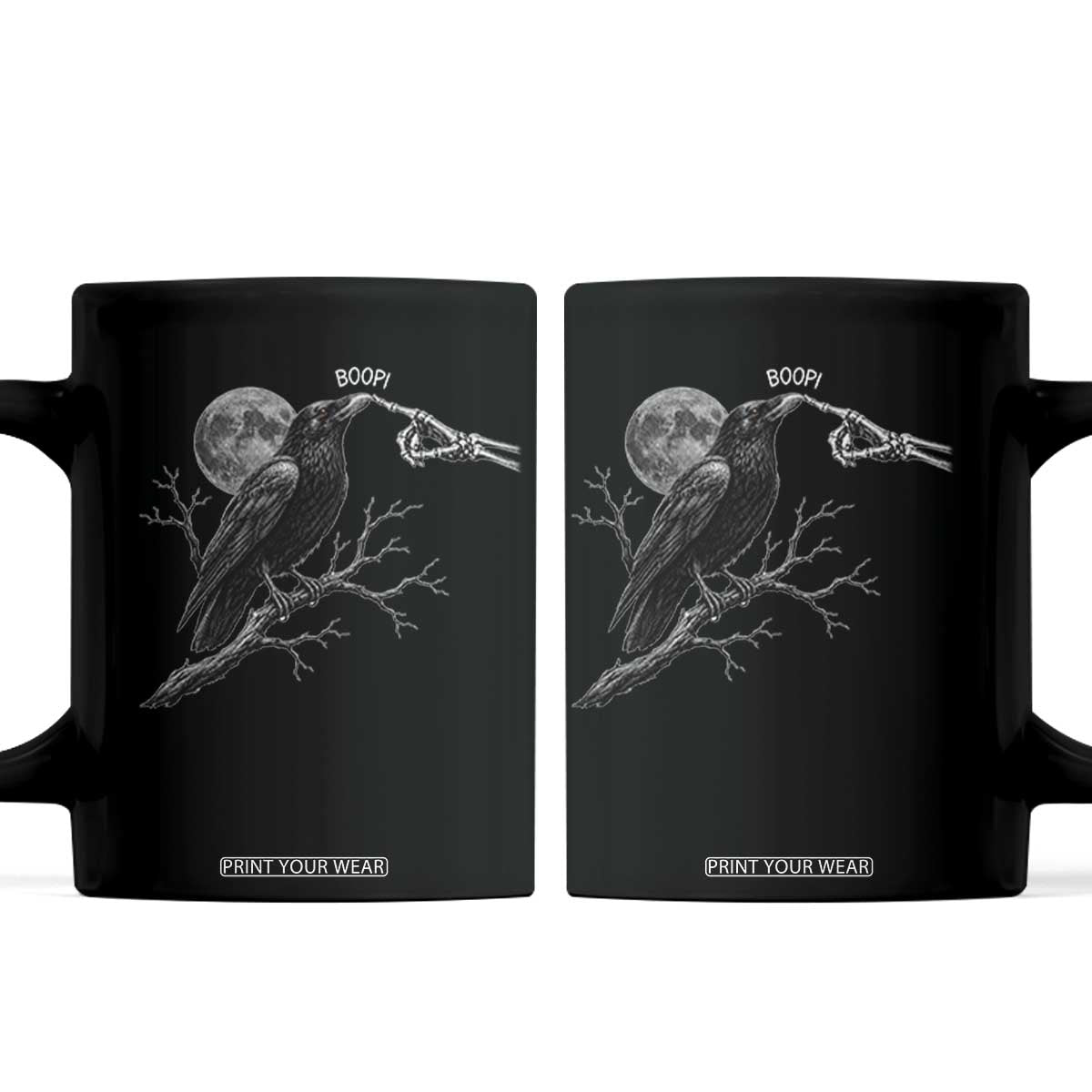 Skeleton Hand Boop Raven Coffee Mug Funny Spooky Halloween Crow Moon Graphic
